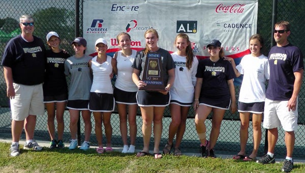 The Briarwood Christian School girls' tennis team won the Class 5A state championship April 23 at Almon Tennis Center in Decatur. Pictured from left are head coach Chris Laatsch, Jud Tarence, Ellie Tarence, Ashton Henderson, Kateleigh Calloway, Olivia Odom, Katherine Collier, Ashley Ochsenhirt, Frannie Ware, and coach Jeremy Mears. (Contributed)