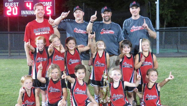 The 6U Alabaster Girls All Star softball team became the Alabama USSSA 1st Central Pre-Area Champion, winning the Central Alabama Pre-Area all-star tournament in Hoover June 6-8.  The team went undefeated in play.