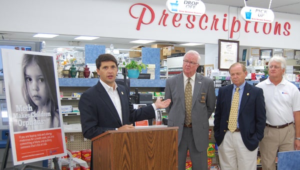 From left, Sen. Slade Blackwell, Shelby County Sheriff Chris Curry, Shelby County Distrcit Attorney Robby Owens and Davis Drugs pharmacist and owner Jim Davis spoke about anti-meth initiatives at a press conference At Davis Drugs in Columbiana Sept. 30. (Reporter Photo/Stephanie Brumfield)