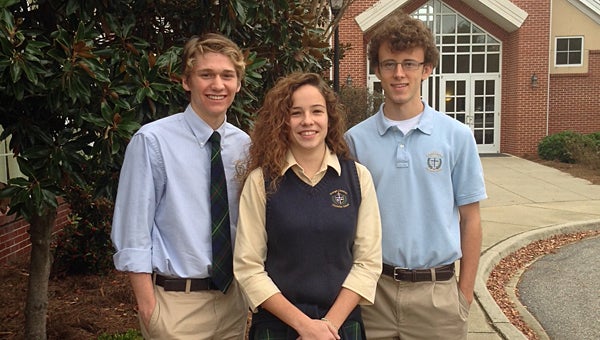 From left, Dru Bell, Sydney Marvin and Tyler Russell recently were named among the top-scoring students nationwide in the PSAT. (Contributed)