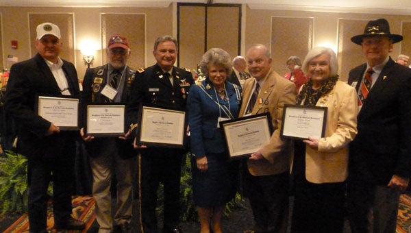 Patriot Guard Riders Command Sgt. Maj. Barry Blount of Pelham and Rick Brandt of Birmingham, DAR Distinguished Citizen Medal honoree Mel Shinholster of Hoover, ASDAR State Regent Connie Grund, DAR Distinguished Citizen Medal honoree Lt. Col. (Ret.) Glenn Nivens of Harpersville, Gold Star Wives President Rachel Clinkscale of Vincent and Alabama National Cemetery Support Committee Chairman Col. (Ret.) Bob Barefield.  (contributed)