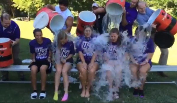 Members of the University of Montevallo softball team participate in the ALS ice bucket challenge. (Contributed)