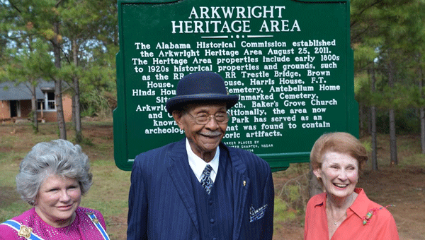ASDAR State Regent, slave descendent and patriarch of five living generation in Arkwright area James Hamilton, and General Sumter Regent Anne Gibbons in front of the NSDAR Arkwright Heritage Area historic marker dedicated Oct. 11. (Contributed)