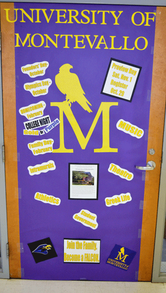 The Montevallo High School library door, decorated in honor of the librarian Anita Glover’s alma mater, the University of Montevallo. (Contributed)