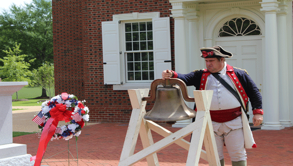 Historical interpreter Chris Long has been with American Village since its founding. He portrayed Col. Christopher Greene at the National Veterans Shrine and Register of Honor Dedication Day by ringing the Liberty Bell thirteen times, once for each of the original colonies. The Liberty Bell will be at the Shrine's plaza where the public can ring the bell in honor of their veteran on Veteran's Day, November 11. (Contributed)