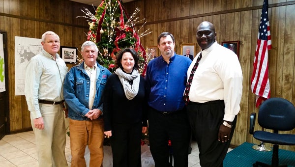 The Harpersville City Council recognized Harpersville Day sponsors at a regular meeting Dec. 15. Pictured are (left to right) Ricky Colquitt, Gene Quick, April Stone, Wayne Barber and Harpersville Mayor Theoangelo Perkins. (Reporter Photo/Emily Sparacino)