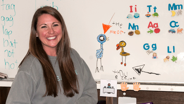 Happy days are always encouraged in Allison Festavan’s classroom. On the board are a little pigeon and a duckling drawn for her students by her daughter, Campbell, who is also a kindergarten student at HES this year.