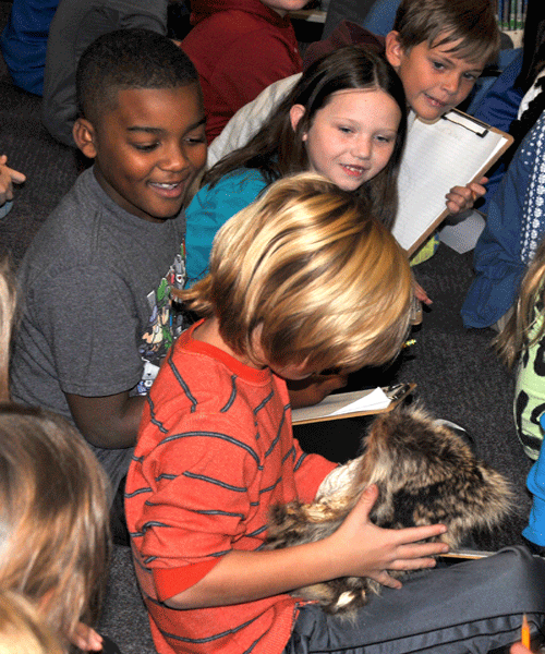 Students Demere Johnson, Grant Wilkins and Katelyn Smith are fascinated and eager to see and touch an animal pelt held by Gabe Knight during author Heather Montgomery's visit to HIS. (Contributed) 