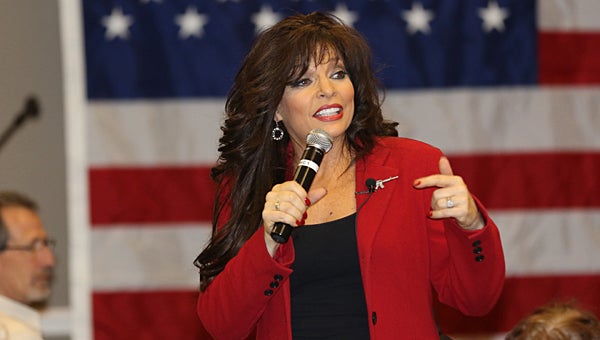 Jan Morgan, founder of Armed American Woman and owner of The Gun Cave in Hot Springs, Ark., speaks during Bama Carry's kickoff event at the Pelham Civic Complex on Feb. 21. (Special to the Reporter/Eric Starling)