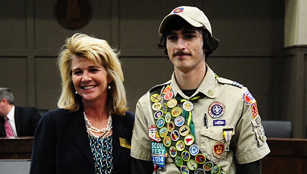 Eagle Scout Matthew Renna, right, joins Alabaster Mayor Marty Handlon at a Jan. 26 City Council meeting, during which Renna was recognized for his contributions to the community. (Reporter Photo/Neal Wagner)
