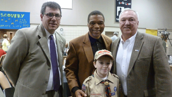 Shelby County Boy Scout Executive Jay Elliott, Jeremiah Castille, Mayor Stancil Handley and Cub Scout Reid Brown (Troop 595), son of John and Tara Brown (Cubmaster Troop 595). (Contributed)