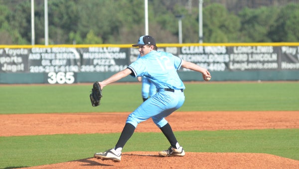 Quinton Hoffman hurled four innings for Spain Park in the first game of a doubleheader with Chelsea on March 17. The Jaguars won both games. (Reporter Photo / Baker Ellis)