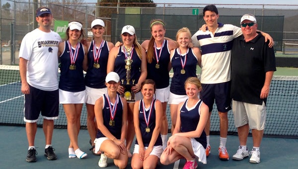 The Briarwood girls tennis team poses for a picture after winning the Shelby County Championship on March 18. (Contributed)