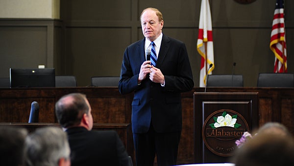 U.S. Sen. Richard Shelby, R-Alabama, speaks to Shelby County leaders during a March 30 visit to Alabaster City Hall. (Reporter Photo/Neal Wagner)