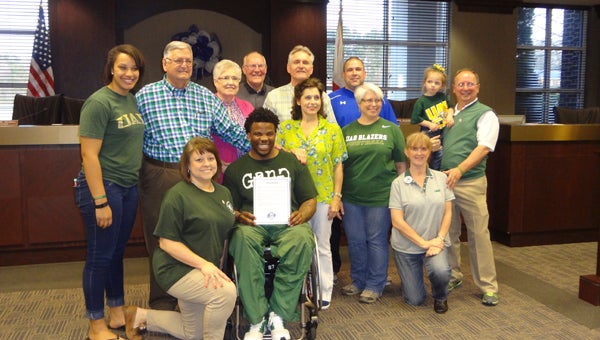 The Chelsea City Council approved and presented a proclamation to former UAB football player Timothy Alexander in support of the school's football program, which was shut down in December 2014. (Reporter Photo/Emily Sparacino)