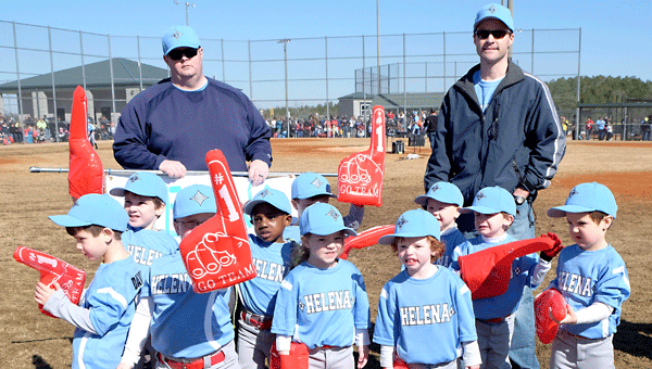 Coaches Emmanuel Scozzaro, Patrick Deveraux and Kyle Davis and their t-ball team, the Red Sox, led the procession of teams onto the field during the March 7 opening event at the Helena Sports Complex. (Contributed)