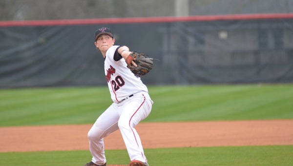 Thompson's Colin Lillie threw nine innings on April 14 against area foe Oak Mountain in the two teams' marathon 10-inning contest. The Warriors came out on top and clinched the 7A Area 5 championship in the process by a final of 5-1. (File)