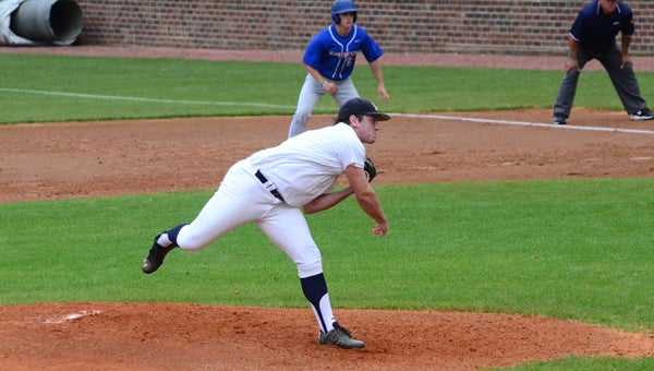 Carson Cupo of Briarwood delivers a pitch in the first of three games in the Lions second round playoff series with Homewood. Cupo hit a walk-off single in the bottom of the ninth inning in the third game of the series to keep Briarwood's season alive. (Reporter Photo / Baker Ellis)