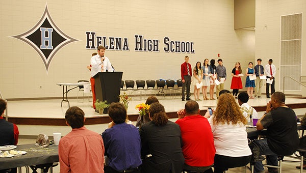 HHS Theater Teacer Jefferson Casey calls out award winners at Helena’s first “Evening with the Stars” event. (Reporter Photo/Graham Brooks)
