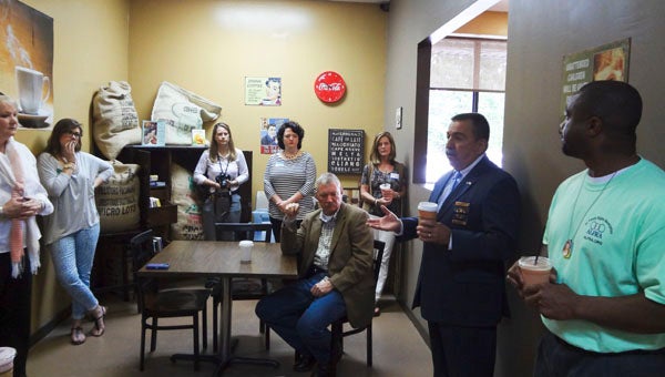 Sheriff John Samaniego (right) and Pelham Police Chief Larry Palmer led a discussion about current issues and invited citizens' feedback at a South Shelby Chamber coffee event at Kai's Koffee House on May 12. (Reporter Photo/Emily Sparacino)