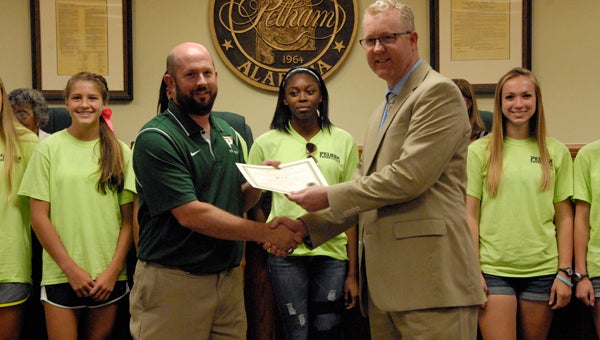 Superintendent Dr. Scott Coefield congratulated the Pelham High School Girls Outdoor Track Team ranking as runners-up at the 2015 6A Outdoor Track and Field State Championship. (Reporter Photo / Jessa Pease)   
