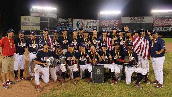 Brooks Webb, back row, far right, is from Alabaster and played baseball at Kingwood. He is now the USA Baseball Director of the 15U National Team. The 15U team won the Pan-American Gold Medal in Aquascalientes, Mexico on Aug. 29. (Contributed)