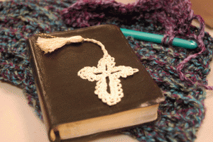 One of the projects Crafty Chicks worked on was creating crocheted Bible mark crosses. (Reporter photo / Jessa Pease)  
