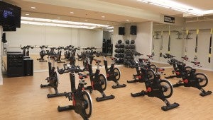 The group fitness room is equipped with Fitness on Demand, a virtual fitness program with classes that can stream through a 55-inch television. (For the Reporter/Dawn Harrison