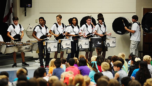 The Thompson High School drumline performs during leadership day at Creek View Elementary School on Sept. 25. (Reporter Photo/Neal Wagner)