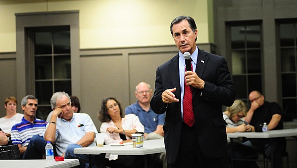 U.S. Congressman Gary Palmer speaks with about 40 residents during a Sept. 1 town hall meeting at Alabaster City Hall. (Reporter Photo/Neal Wagner)