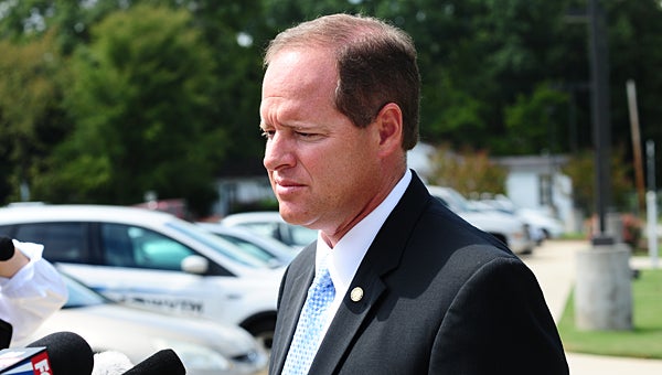 State Sen. Cam Ward, R-Alabaster, speaks with media outside Alabaster City Hall after pleading guilty to a drunken driving charge on Sept. 9. (Reporter Photo/Neal Wagner)