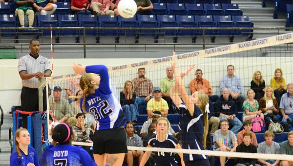 Natalie Watts of Kingwood rises for a kill during the Lady Lions semifinal match with Lee-Scott. Kingwood beat Lee-Scott, but fell in straight sets to Macon East in the AISA AA championship game. (Reporter Photo / Baker Ellis)