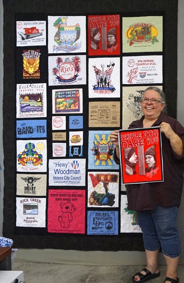 Hal Woodman’s T-shirt quilt hangs on the wall of Lura Campbell’s studio and by the time you read this, will be finished, complete with bias-cut binding. (Contributed)
