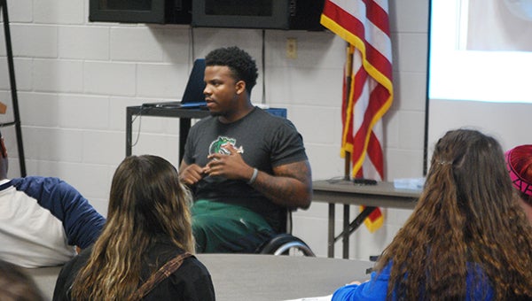 UAB football player Tim Alexander addressed students in the Young Adults in Transition program on Friday, Oct. 23. (Reporter Photo/Graham Brooks)