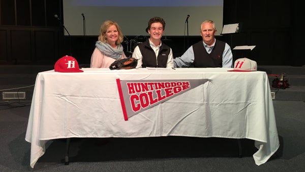 Kingwood Christian Academy senior Shiloh West, flanked by his parents, signed a letter of intent to play baseball at Huntingdon College in Montgomery. (Contributed / Anita West)