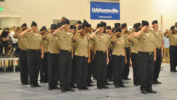 Members of Calera High School’s JROTC salute the veterans at last year’s annual Veterans Day event. (Contributed) 