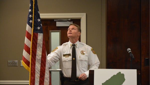 Shelby County Sheriff’s Office Chief Deputy Chris George addressed the Greater Shelby Chamber of Commerce at the 18th annual Prayer Breakfast Nov. 24. (Reporter photo / Jessa Pease) 