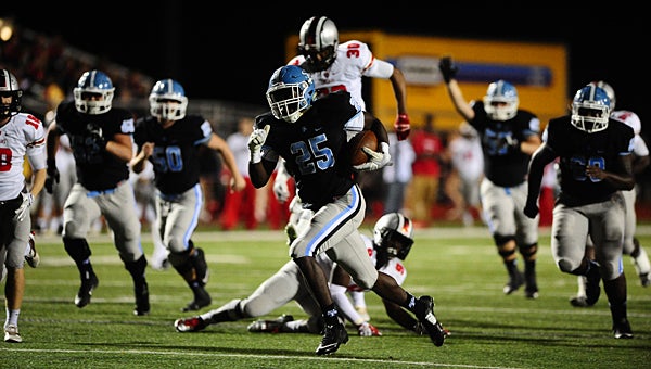 Spain Park’s Larry Wooden (25) runs for a touchdown in the Jaguars’ 31-7 victory over the visiting Hazel Green Trojans in the first round of the 7A playoffs on Nov. 6. (Reporter Photo/Neal Wagner)
