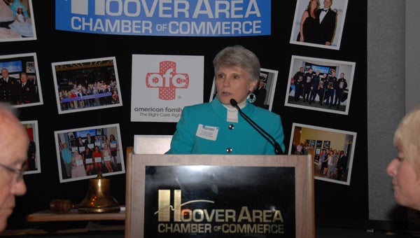 Hoover City Schools Superintendent Dr. Kathy Murphy speaks at the Hoover Chamber of Commerce luncheon on Nov. 19. (Contributed)