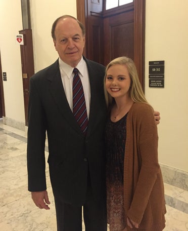 Hannah Hall, a junior at Chelsea High School, met with Sen. Richard Shelby, who was a childhood neighbor of her grandfather, Fred Hall, during a school trip to Washington, D.C. Also, her Uncle Stewart Hall was Shelby's legislative director for five years in the 1990s. (Contributed)