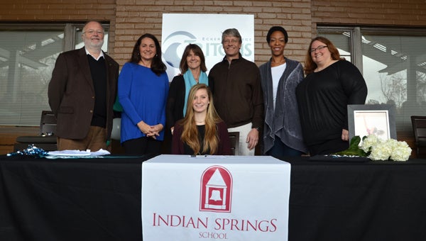 Margot Balliet is surrounded by coaches, school administrators and famiy as she prepares to sign her letter of intent to play volleyball at Eckerd College in St. Petersburg, Fla. (Contributed / Mindy Black)