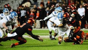 Spain Park's Markell Clark (58) recovers a McGill-Toolen fumble in the fourth quarter of the Jags' 14-12 loss to the Yellow Jackets on Dec. 2 at Bryant-Denny Stadium. (Reporter Photo/Neal Wagner)