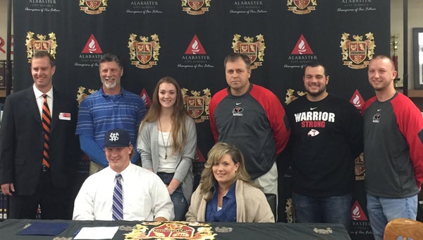 Thompson senior Heath Haskins (front left) signed a letter of intent to play baseball at Wallace State Community College on Jan. 15. (Contributed)