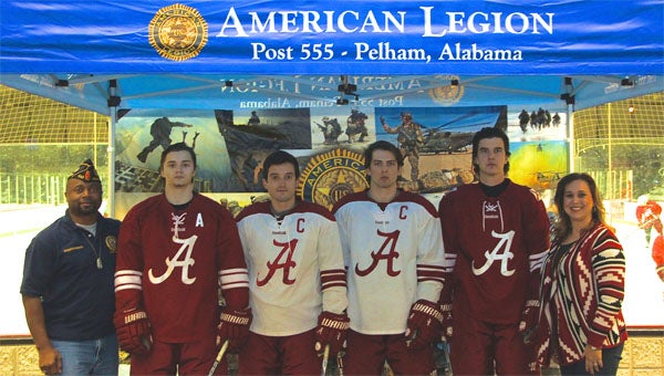Military Appreciation Night Chair, First Commander American Legion Matthew Blount Post 555 1stSgt. Kenneth Paschal; Members of University of Alabama Hockey Club, Jerry Jordan (No. 18 Forward, Junior), Jake Collins (No. 8 Forward, Senior), Andre Morard (No. 7, Forward, Senior), Dan Nolte (No. 47, Defense, Junior); Connie Fievet-Crawford, president-elect Exchange Club of Shelby County. (Contributed)