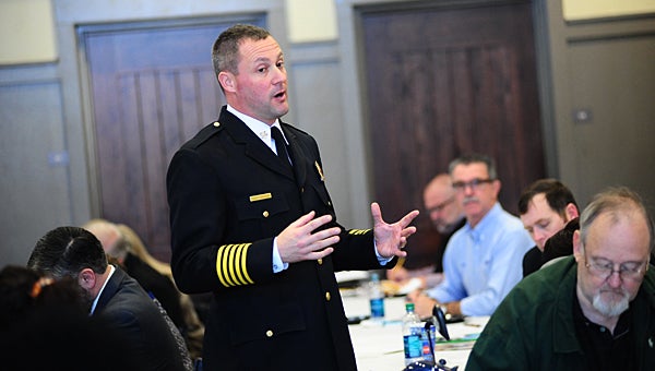 Alabaster Fire Chief Jim Golden explains the fire department’s accreditation process during a Jan. 11 public input session at Alabaster City Hall. (Reporter Photo/Neal Wagner)