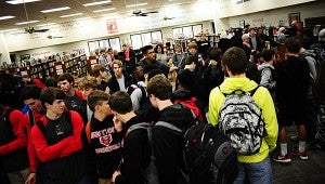 Classmates and family members packed the THS library for the signing ceremony. (Reporter Photo/Neal Wagner)