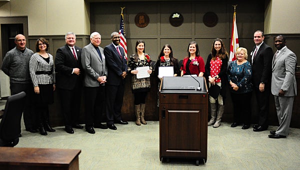 Alabaster Board of Education members and central office staff honor the school system’s Teachers of the Year during a Jan. 11 meeting at Alabaster City Hall. (Reporter Photo/Neal Wagner)
