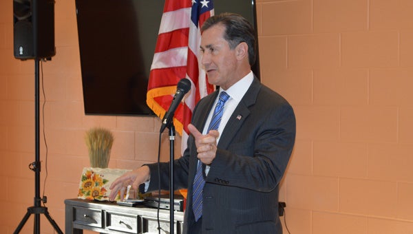 Congressman Gary Palmer speaks at an “Eggs and Issues” breakfast hosted by the chambers of commerce in Shelby County. (Reporter photo / Jessa Pease) 