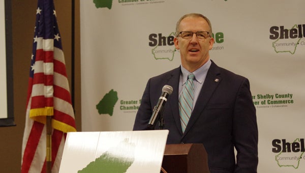 SEC Commissioner Greg Sankey addresses members of the Greater Shelby Chamber of Commerce Feb. 4. (Reporter photo / Neal Wagner) 