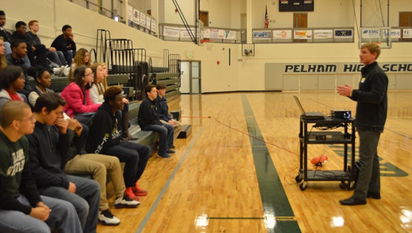 St. Vincent’s One Nineteen’s Thomas Melton visits Pelham High School’s sports medicine class to discuss strength and conditioning. (Reporter photo / Jessa Pease) 